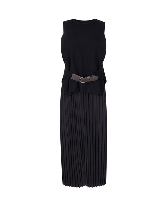 Pleated Dress With Knit Vest Overlay